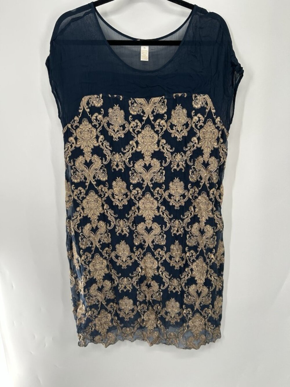 Sm Sundance XL  Navy Embroidered Shift Dress Gold Boho Luxe Artisan Feminine
